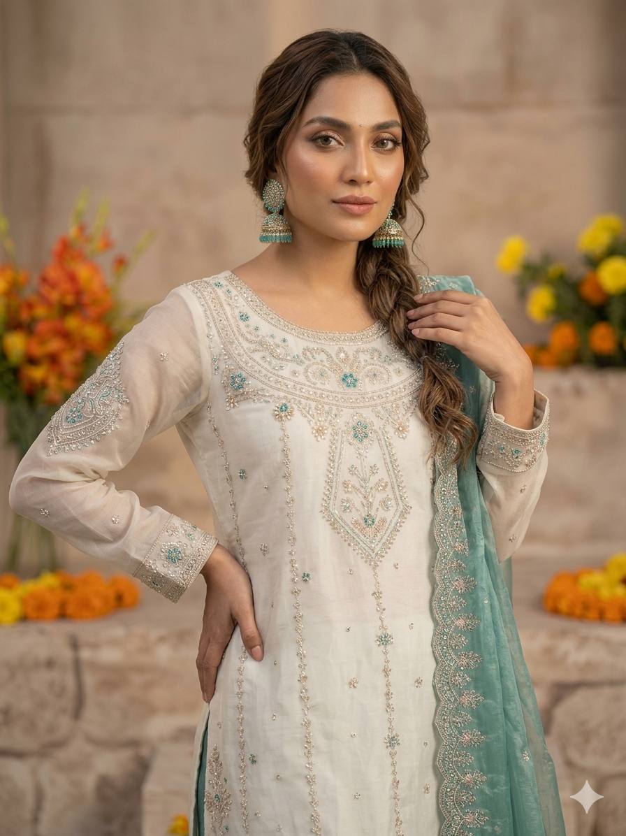 Ivory & Sea Glass Embroidered Kurta Set